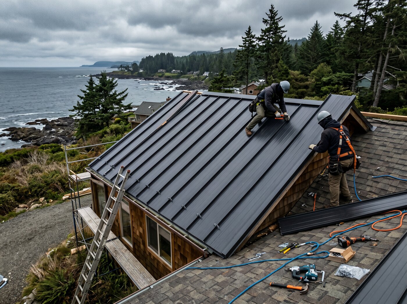 Metal roofing installation in progress on a residential roof