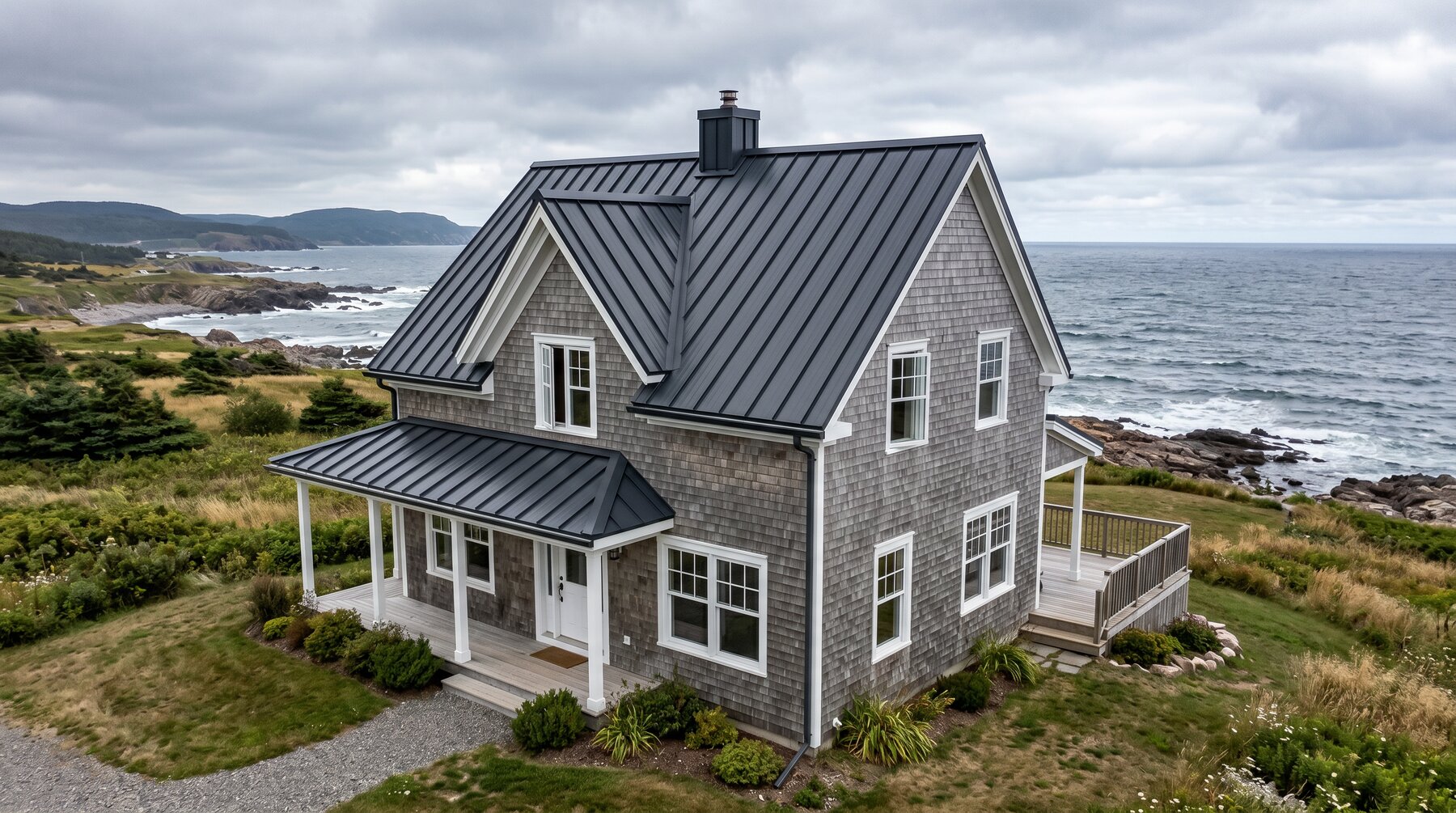 Completed standing seam metal roof on a coastal Cape Breton home