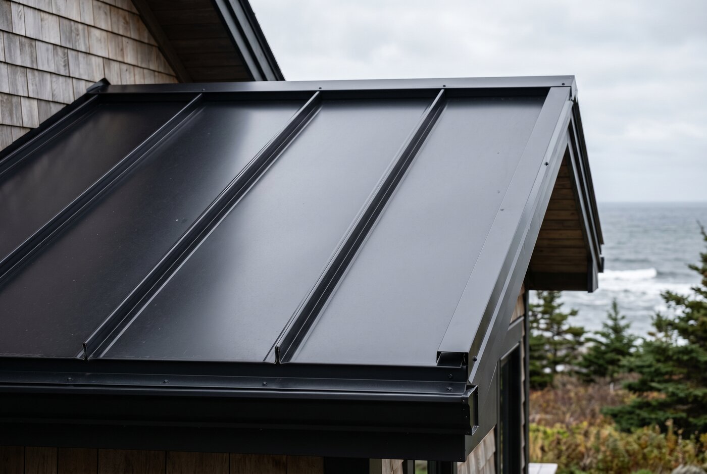 Close-up of standing seam metal roof panels and seams