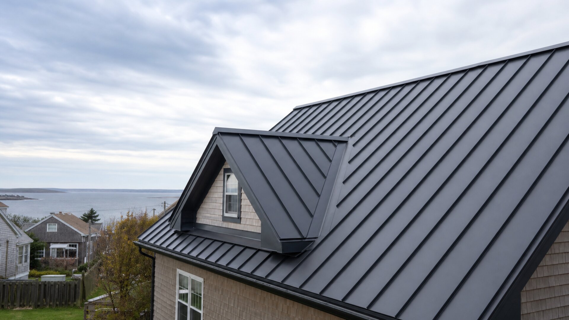Standing seam metal roof on a Cape Breton home